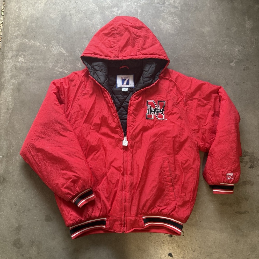 Vintage Logo‎ 7 Nebraska Cornhuskers Quilted Jacket Mens XL Hooded Athletic Red